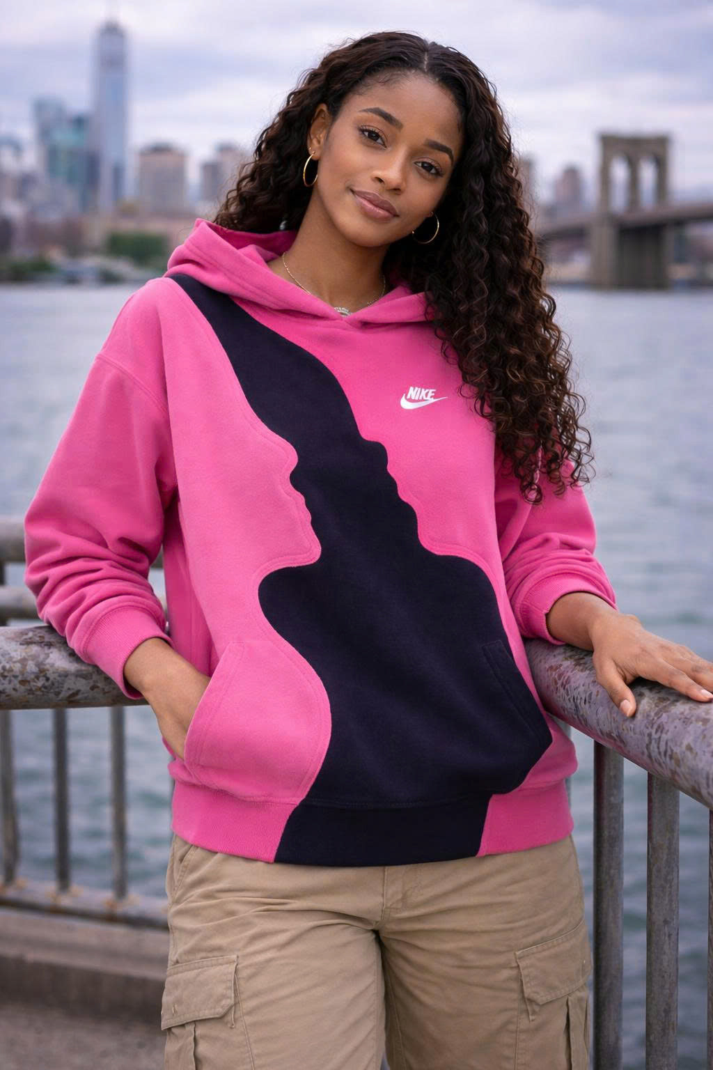 Upcycled Pink Black Hoodie, Color Block Sweatshirt, Sustainable Streetwear